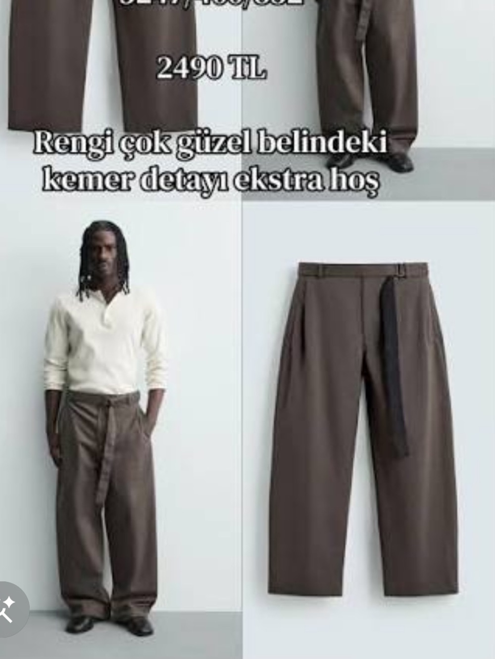 Zara Men’s Dark Brown Wide-Leg Chinos with Waist Tie